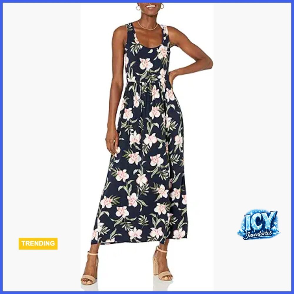 Rayon Blend Tank Waisted Maxi Dress, Flared Hemline, Scoop Neck